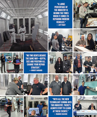 Automotive industry training collage showing repair technicians in workshops