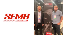 SEMA Show logo in bold red typography with automotive industry trade show backdrop