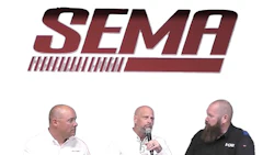 SEMA logo with three professionals at an automotive industry event
