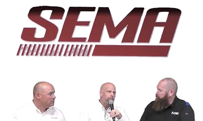 SEMA logo with three professionals at an automotive industry event