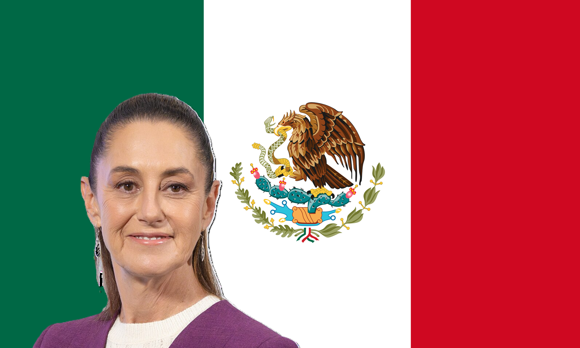 Mexican flag with national coat of arms and a woman in a purple sweater