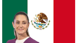 Mexican flag with national coat of arms and a woman in a purple sweater