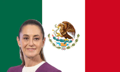 Mexican flag with national coat of arms and a woman in a purple sweater