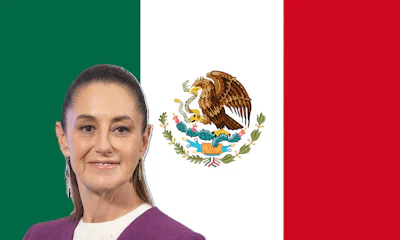 Mexican flag with national coat of arms and a woman in a purple sweater