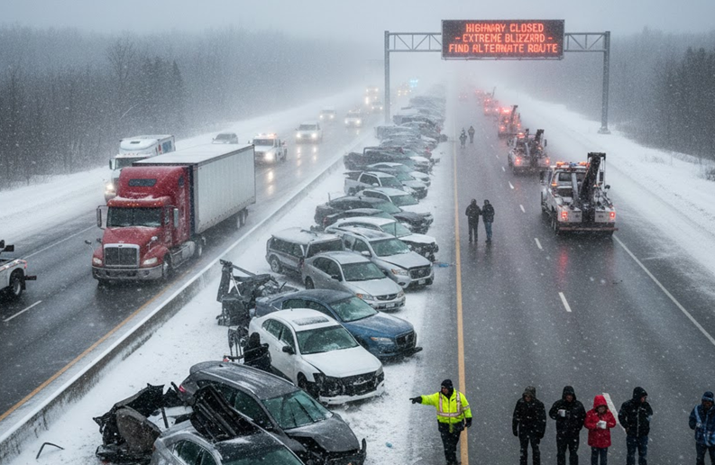 Snowy highway with multi-vehicle accident, emergency vehicles, and closed road sign