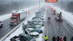Snowy highway with multi-vehicle accident, emergency vehicles, and closed road sign