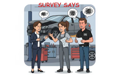 Auto repair dispute with three workers discussing car problem in service center