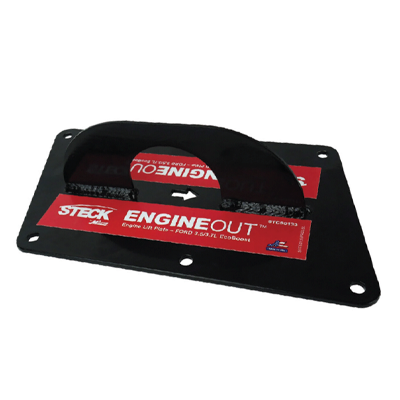 Steck Engine Out automotive mounting plate with red and black branding