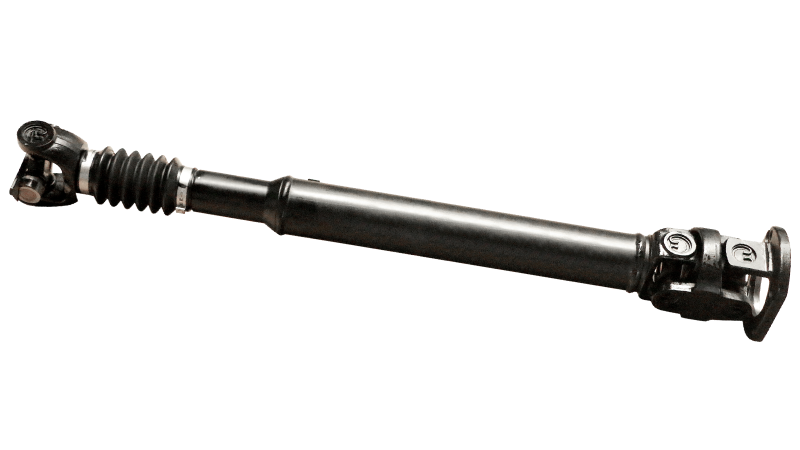 Black automotive driveshaft with universal joints and flexible coupling