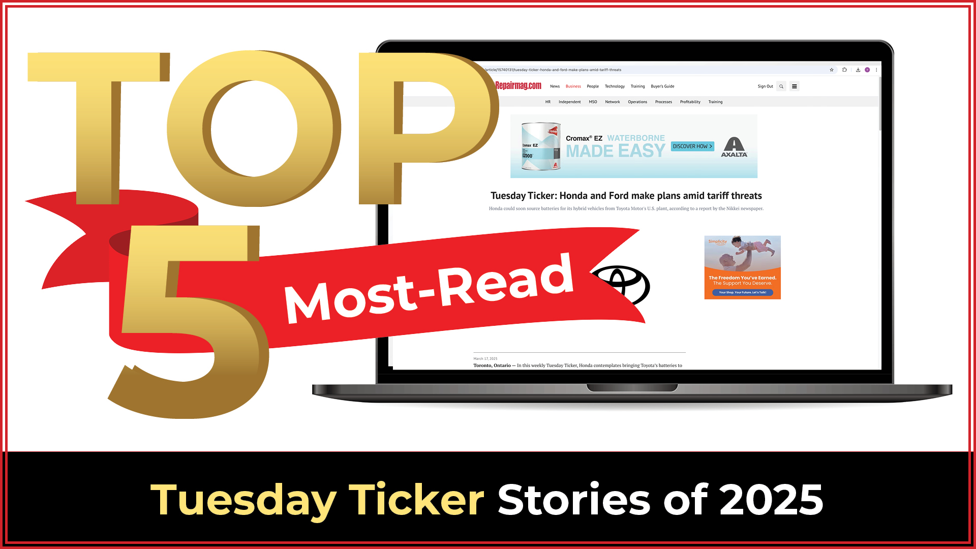 Top 5 Most-Read Tuesday Ticker Stories of 2025 graphic with laptop display