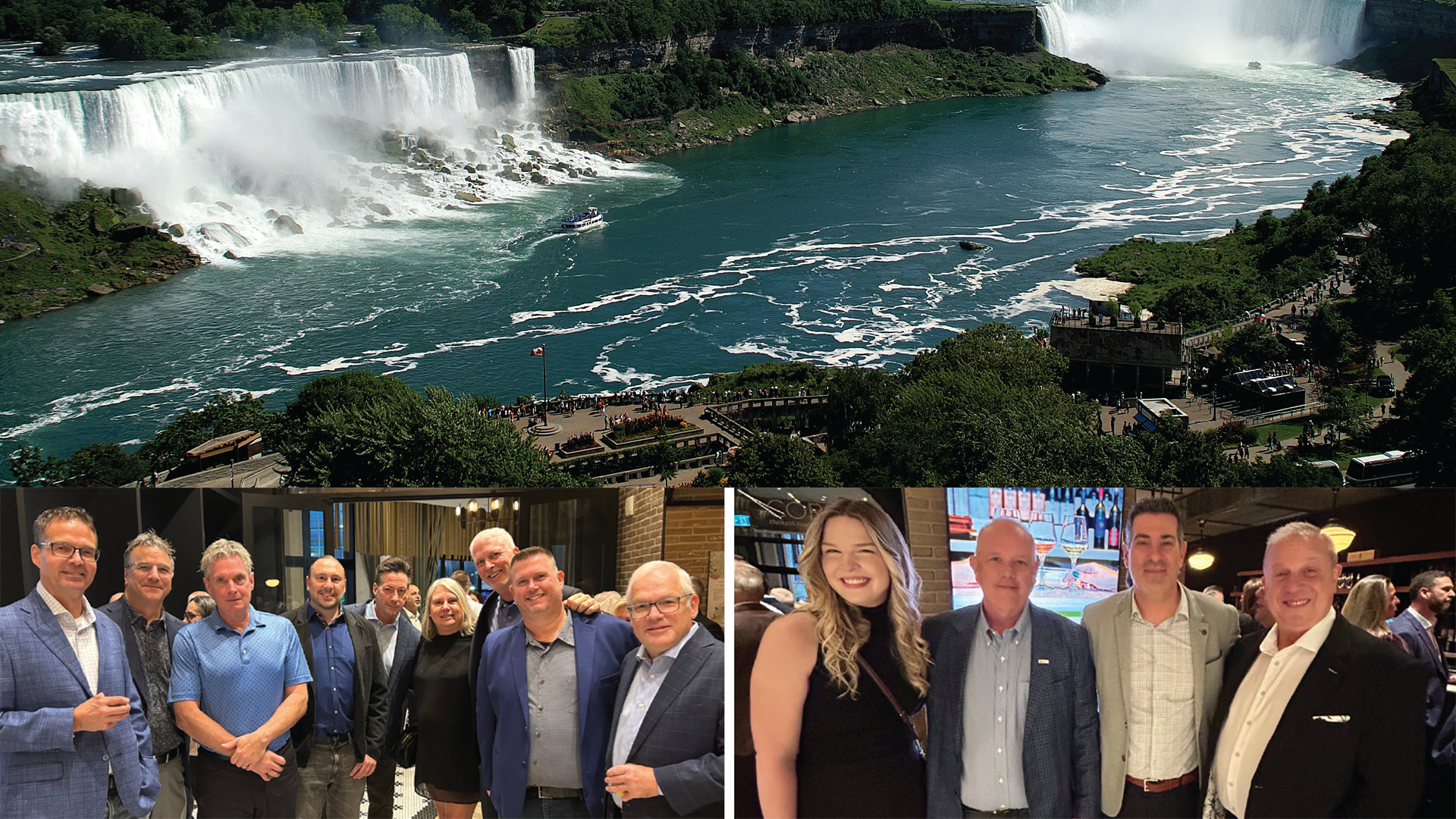 Panoramic view of Niagara Falls with group photos of professionals below