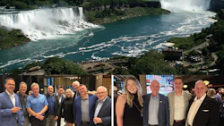 Panoramic view of Niagara Falls with group photos of professionals below