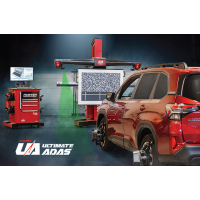 Automotive calibration system with red SUV and precision alignment technology