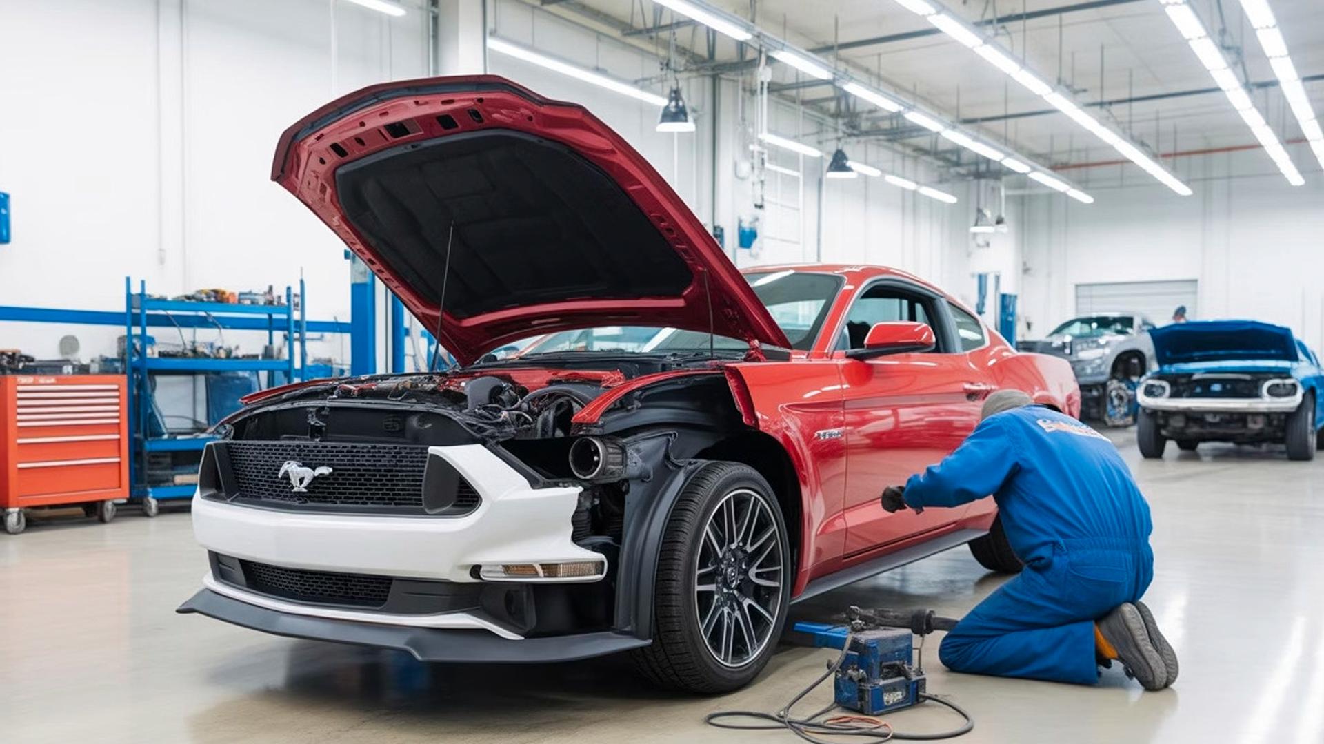 Red Ford Mustang with open hood being serviced in automotive repair workshop
