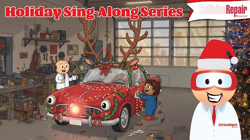 Festive cartoon scene of mechanics decorating a red car with reindeer antlers for holidays