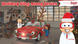Festive cartoon scene of mechanics decorating a red car with reindeer antlers for holidays