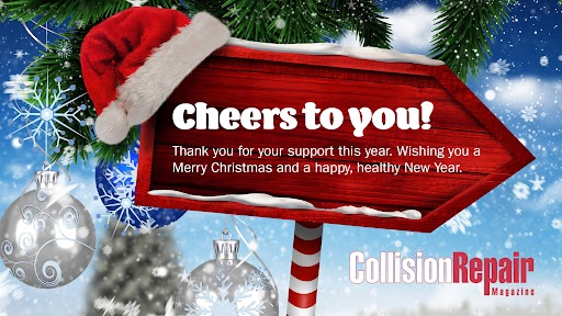 Festive Christmas greeting sign with holiday ornaments and Collision Repair Magazine logo