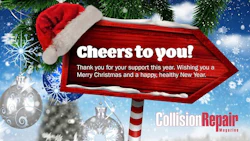 Festive Christmas greeting sign with holiday ornaments and Collision Repair Magazine logo