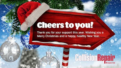 Festive Christmas greeting sign with holiday ornaments and Collision Repair Magazine logo