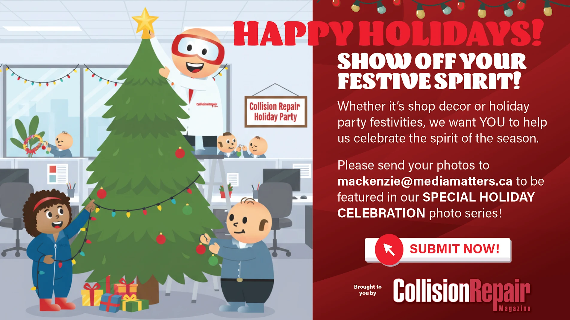 Festive office holiday party with decorated Christmas tree and employees in holiday spirit