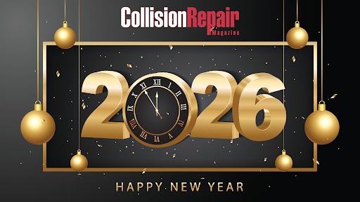 Collision Repair New Year 2026 graphic with golden ornaments and clock