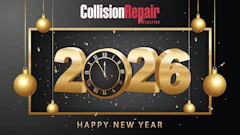 Collision Repair New Year 2026 graphic with golden ornaments and clock