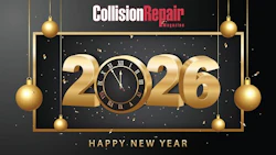 Collision Repair New Year 2026 graphic with golden ornaments and clock