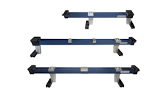 Three parallel blue metal mounting rails with adjustable support brackets
