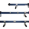 Three parallel blue metal mounting rails with adjustable support brackets