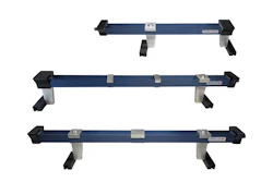 Three parallel blue metal mounting rails with adjustable support brackets