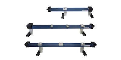 Three parallel blue metal mounting rails with adjustable support brackets