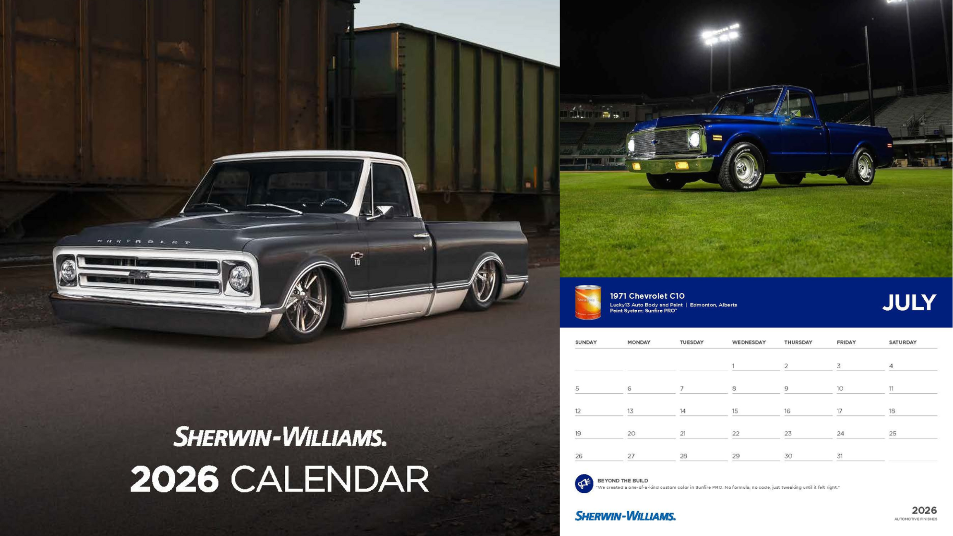 2026 Sherwin-Williams calendar featuring classic blue and gray pickup trucks