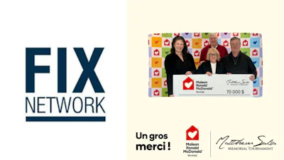 Fix Network logo in blue and white with Maison Ronald McDonald donation check presentation