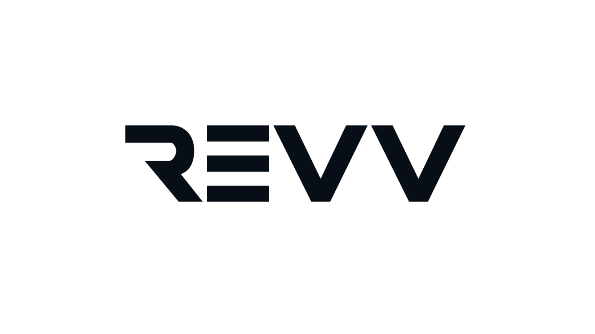 Revv logo: Bold black text with stylized geometric letterforms