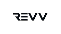 Revv logo: Bold black text with stylized geometric letterforms