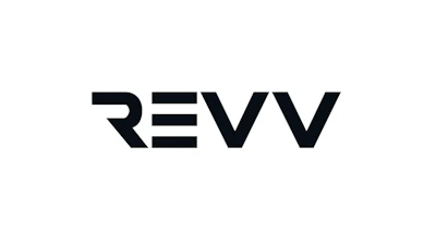 Revv logo: Bold black text with stylized geometric letterforms
