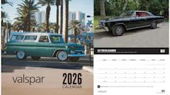 2026 Valspar calendar featuring vintage green Chevrolet station wagon and black Pontiac Beaumont