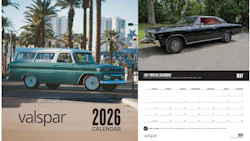 2026 Valspar calendar featuring vintage green Chevrolet station wagon and black Pontiac Beaumont