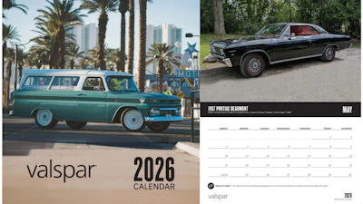 2026 Valspar calendar featuring vintage green Chevrolet station wagon and black Pontiac Beaumont