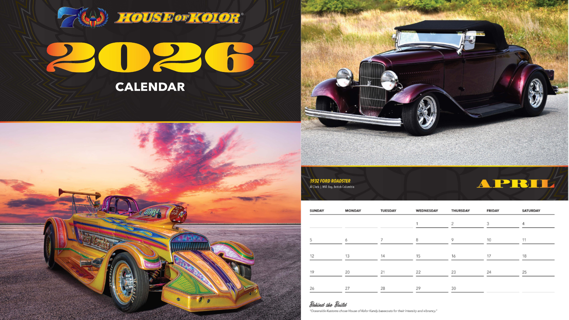 2026 House of Kolor calendar featuring vintage hot rod and racing car at sunset