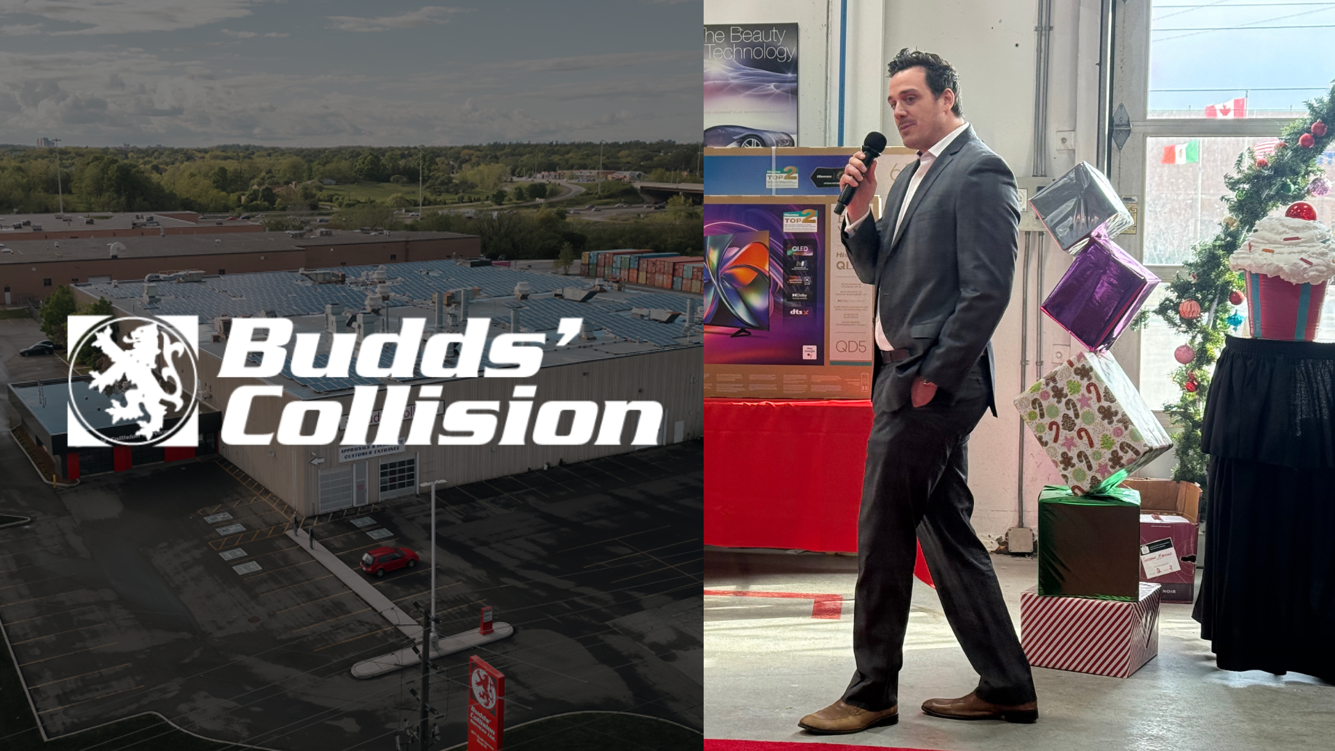 Budds' Collision logo on automotive repair shop building with business interior scene