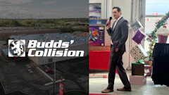 Budds' Collision logo on automotive repair shop building with business interior scene