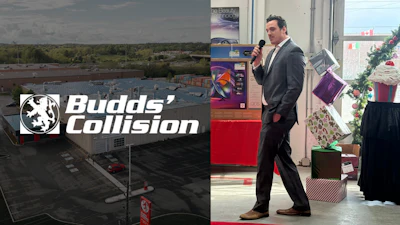 Budds' Collision logo on automotive repair shop building with business interior scene