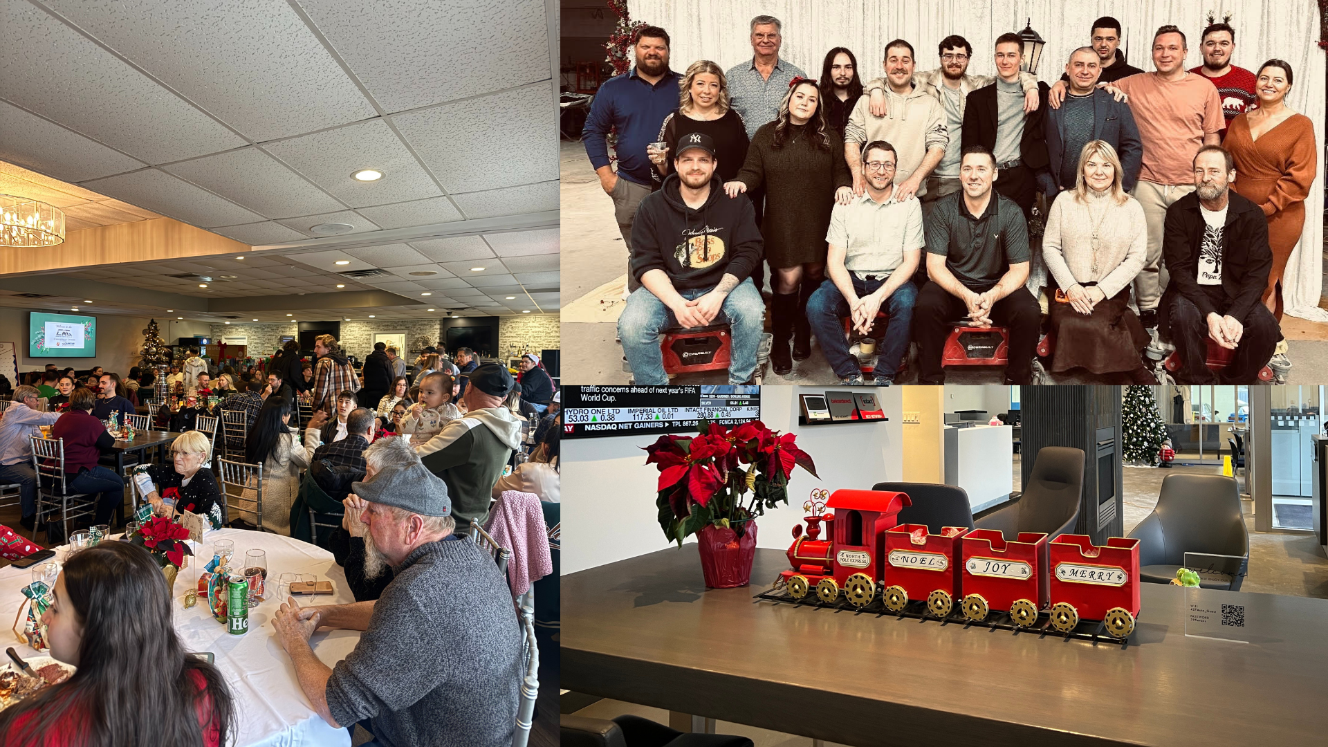 Workplace holiday celebration with team photos, festive decor, and red train display