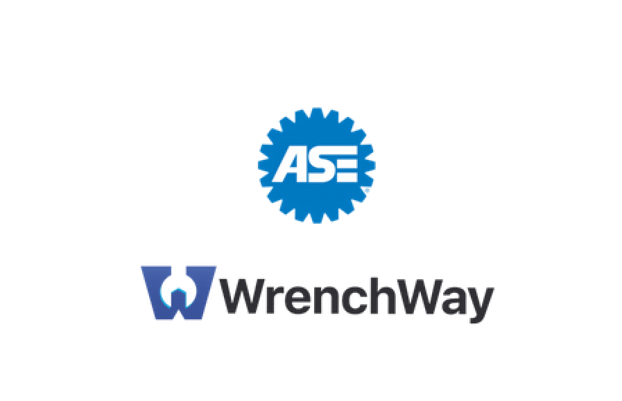 WrenchWay logo with ASE blue gear icon and stylized blue text