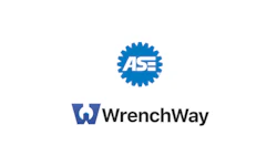 WrenchWay logo with ASE blue gear icon and stylized blue text