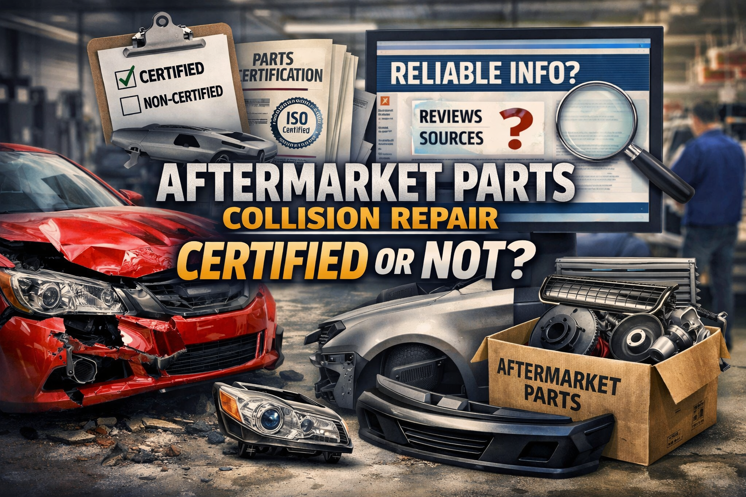 Damaged red car with aftermarket parts, comparing certified vs non-certified repair components