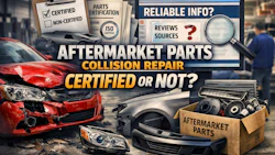 Damaged red car with aftermarket parts, comparing certified vs non-certified repair components