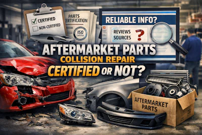 Damaged red car with aftermarket parts, comparing certified vs non-certified repair components