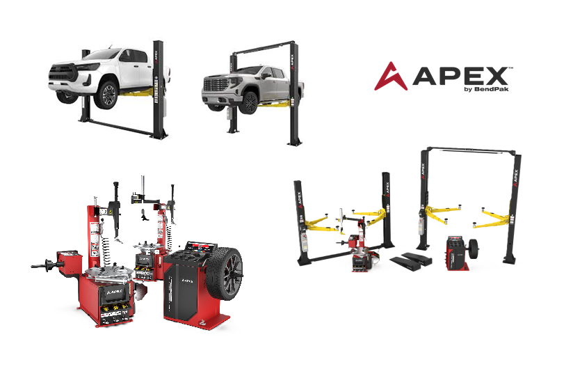 Apex automotive equipment showcasing vehicle lifts and tire service machines